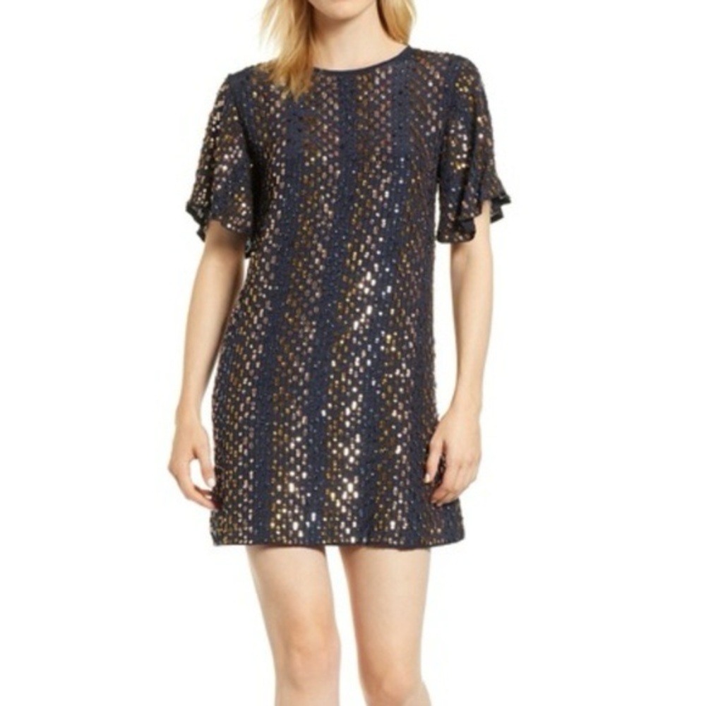 Velvet by Graham & Spencer Navy and Gold Sequin Mini Dress
